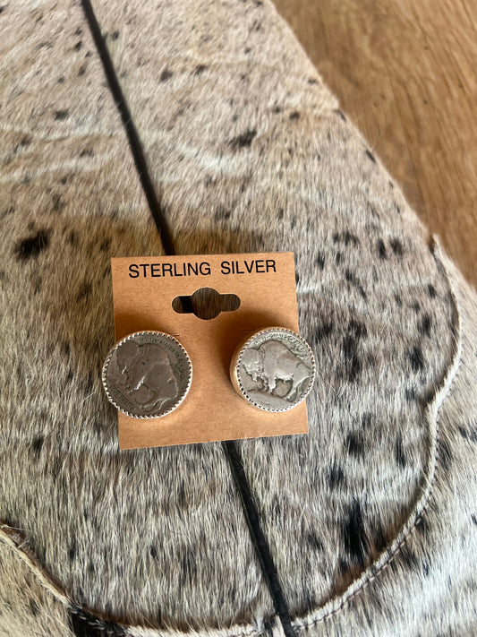Authentic Native American Made Nickel with a Buffalo set in Sterling Silver Stud Earrings